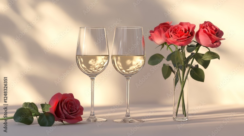 Wine glasses and roses in soft sunlight