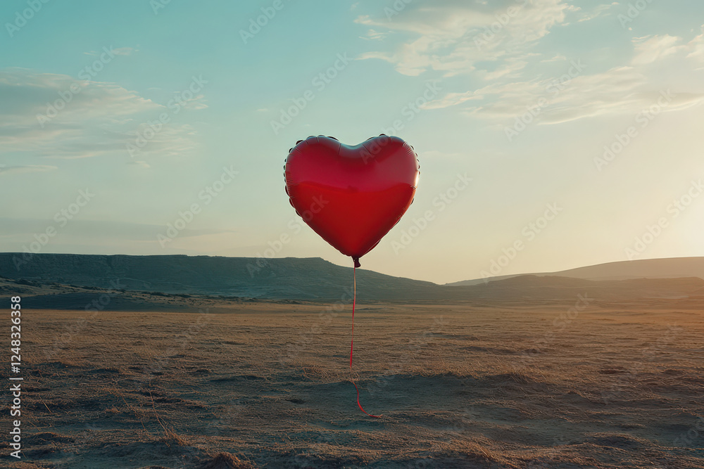 Fototapeta premium Heart balloon floats, solitary, hopeful, wistful view