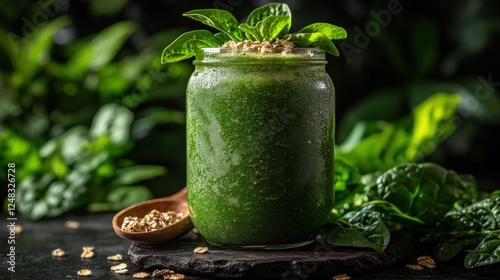 Green spinach smoothie jar, foliage backdrop photo