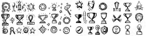 Variety of award trophies and recognition symbols illustrated in black and white designs for celebration events and competitions