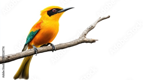 A bright yellow bird perched gracefully on a tree branch, showcasing its vibrant feathers