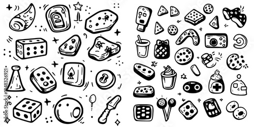 Colorful doodles of various game pieces, snacks, and playful items in a casual arrangement creating a playful and artistic vibe