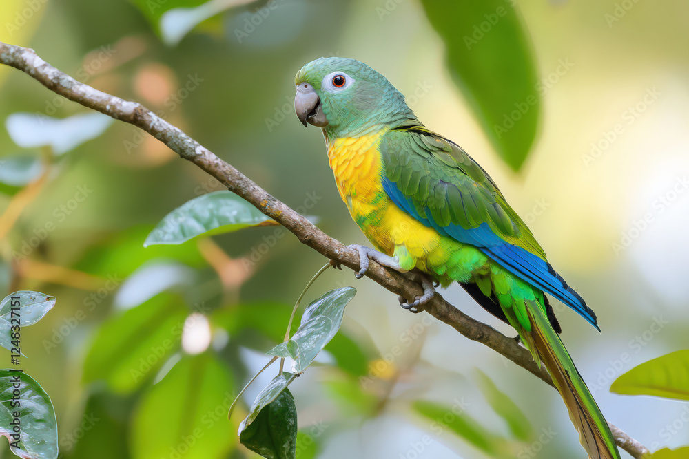 Colorful parrot perched, watchful in its lush habitat Colorful parrot perched, watchful in its lush habitat