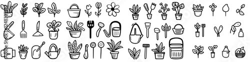 Collection of hand-drawn gardening icons featuring plants, tools, and flowers in a simple black and white style for creative projects