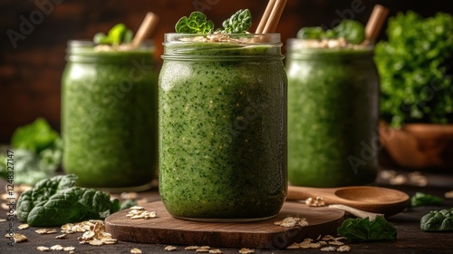 Green spinach smoothie jars, kitchen, healthy photo