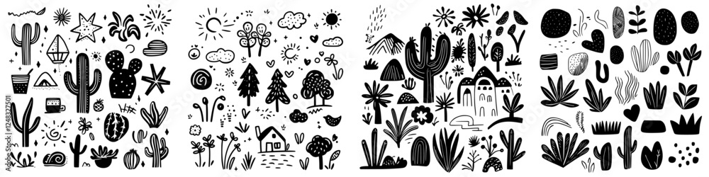 Unique black and white illustration of various plants and natural elements in a whimsical style