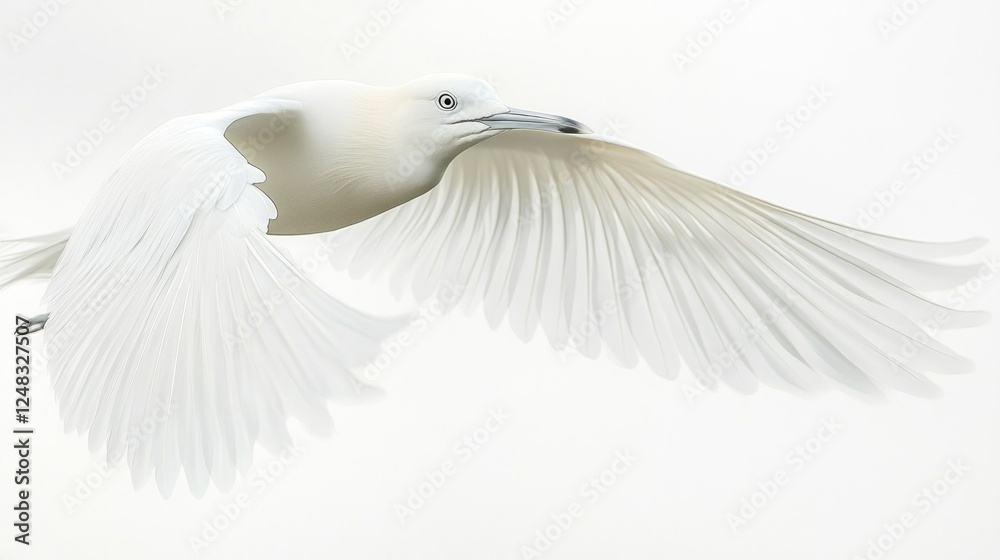Obraz premium A close-up of a white bird soaring through the air with wings outstretched, isolated on a white background
