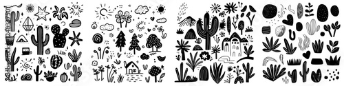 Unique black and white illustration of various plants and natural elements in a whimsical style