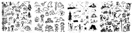 Hand-drawn illustrations depicting various outdoor activities and nature scenes in a camping setting