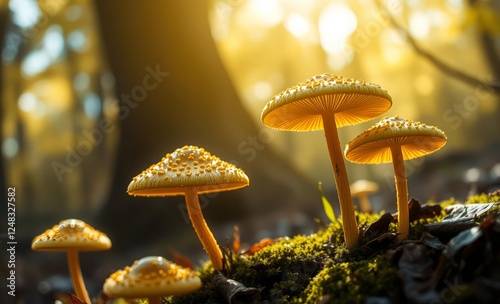 Golden mushrooms sprinkled with light in a magical autumn forest setting 4k wallpaper background abstract wallpaper modern design photo