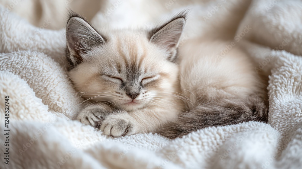 Obraz premium Adorable Kitten Sleeping Peacefully on a Soft Blanket