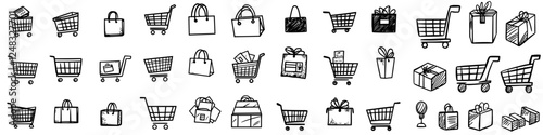 Various shopping carts and bags filled with gifts and items displayed in a simple black and white illustration style