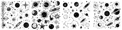 Celestial designs featuring planets, stars, and constellations in a decorative black and white pattern
