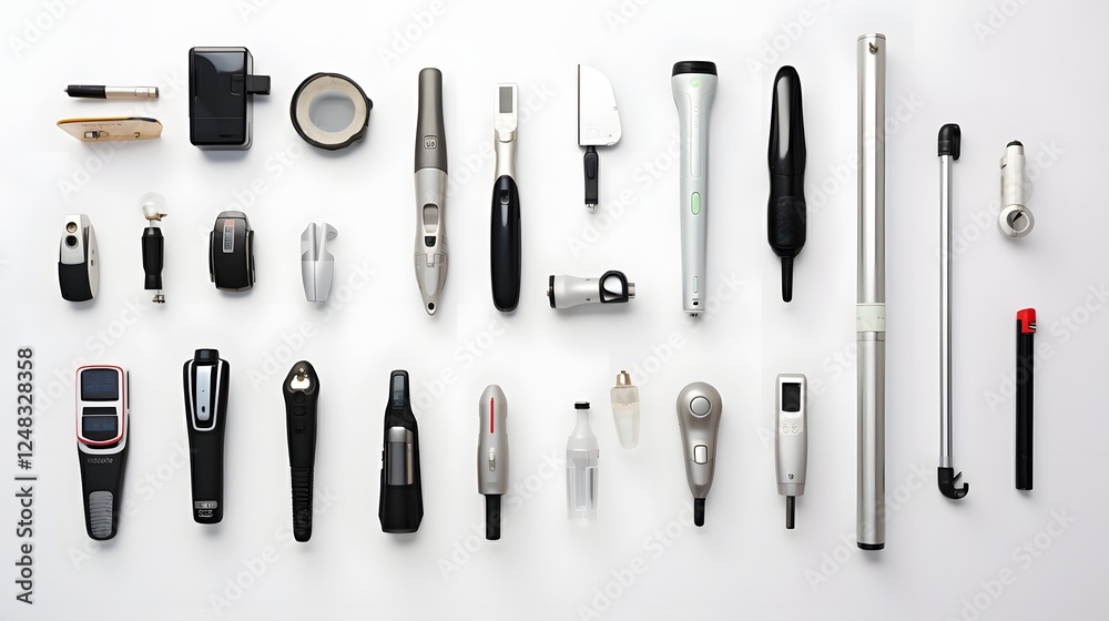 Neatly organized and displayed advanced otoscope and other diagnostic medical equipment and tools on a clean white background Neatly organized and displayed advanced otoscope and other diagnostic medical equipment and tools on a clean white background