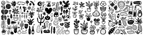 Creative black and white illustration featuring various plants, fruits, and whimsical designs in a lively composition