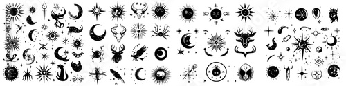 Collection of celestial and mystical symbols featuring sun, moon, stars, animals, and other designs for diverse creative uses