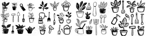 Gardening tools and plants in various pots arranged in a decorative style for home and garden enthusiasts
