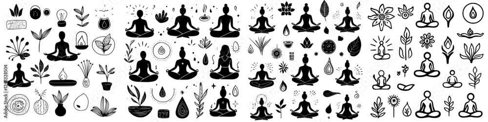 Meditation and wellness icons featuring diverse figures, plants, and symbols in a monochrome design for holistic practices