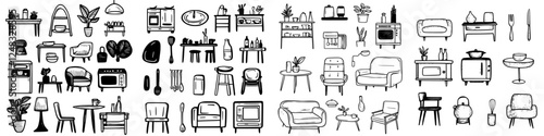 Artistic arrangement of hand-drawn furniture and home decor items in a modern style, showcasing various pieces and designs