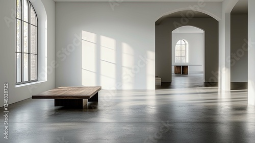Modern Minimalist Architecture: Sunlit Gallery Interior with Wooden Bench
