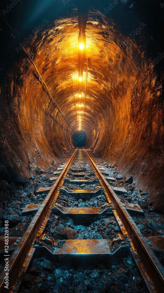 Naklejka premium Railroad Tunnel: Journey Through Darkness, Illuminated Tracks Ahead