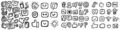 Various hand-drawn icons representing social media interactions and engagements in a creative layout