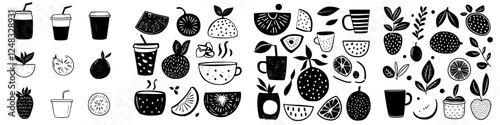 Illustrative collection of fruit and beverage designs in black and white