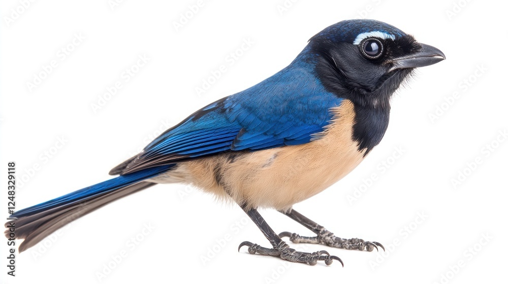 A Taiwan Jay bird perched gracefully, showcasing its vibrant blue and black feathers, isolated on a white background A Taiwan Jay bird perched gracefully, showcasing its vibrant blue and black feathers, isolated on a white background