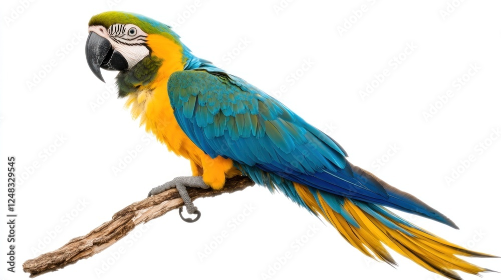 A vibrant Blue-and-Yellow Macaw perched elegantly, showcasing its striking blue and yellow feathers and long tail A vibrant Blue-and-Yellow Macaw perched elegantly, showcasing its striking blue and yellow feathers and long tail