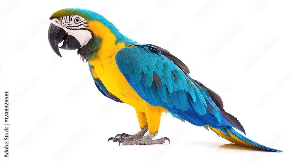 Fototapeta premium A vibrant Blue-and-Yellow Macaw perched elegantly, showcasing its striking blue and yellow feathers and long tail