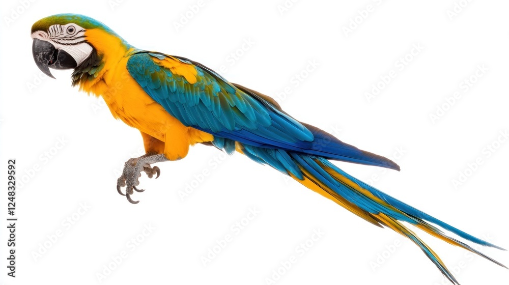 Fototapeta premium A vibrant Blue-and-Yellow Macaw perched elegantly, showcasing its striking blue and yellow feathers and long tail