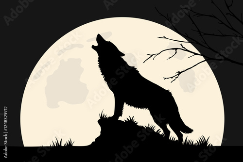 Silhouettes of a Wolf Howling at a Full Moon in a Night Sky