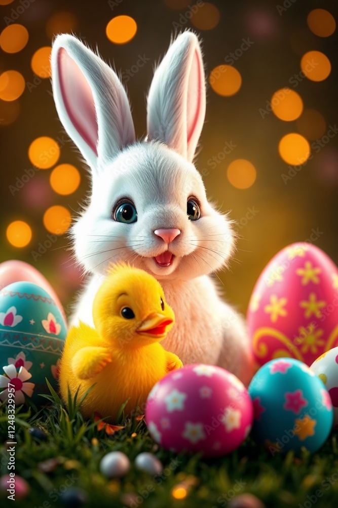 Fototapeta premium Adorable Easter bunny with colorful eggs and yellow chick in festive setting