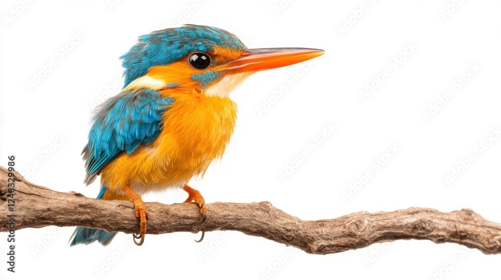 Fototapeta premium A vibrant young Oriental dwarf kingfisher perched on a branch, showcasing its bright orange and blue feathers