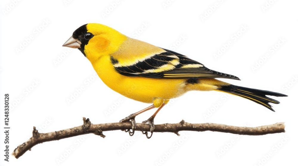 Fototapeta premium An elegant goldfinch perched on a branch, showcasing its vibrant yellow and black feathers, isolated on a white background