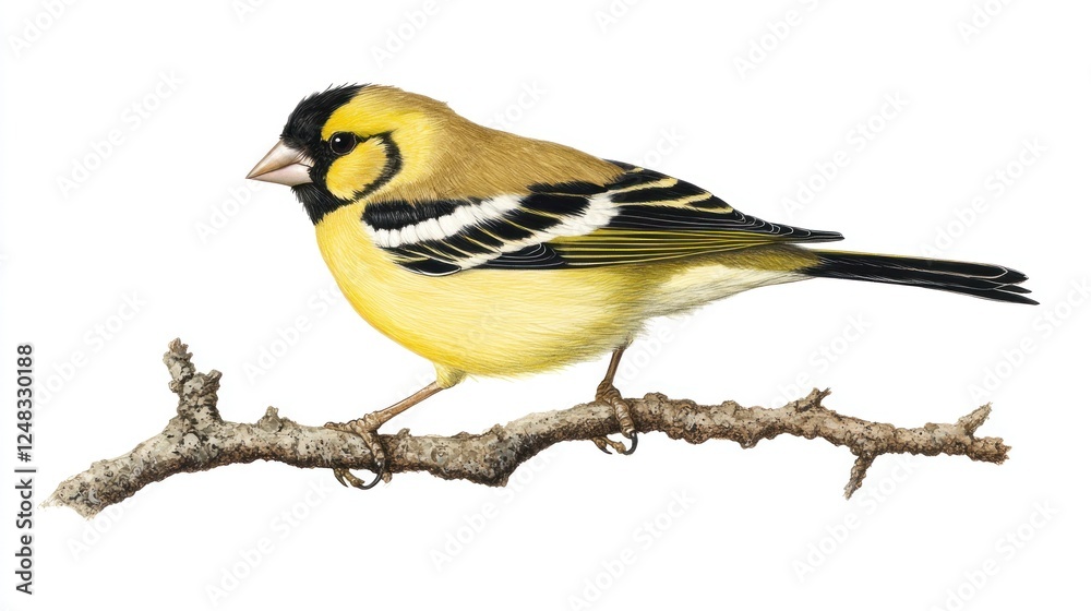 Fototapeta premium An elegant goldfinch perched on a branch, showcasing its vibrant yellow and black feathers, isolated on a white background