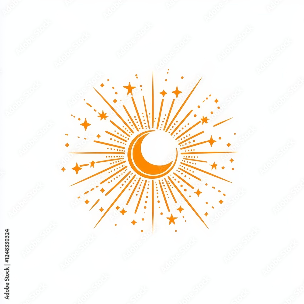 Orange crescent moon with starburst. Orange crescent moon with starburst.