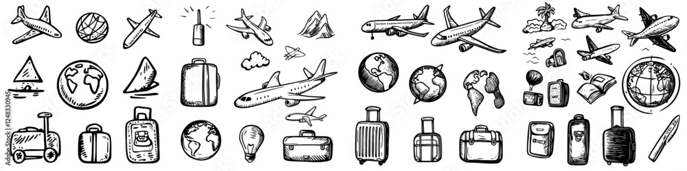 Travel themed doodles depicting various modes of transport and world landmarks showcasing a passion for exploration and adventure