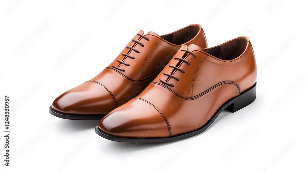 A pair of leather shoes neatly arranged on a pure white background showcasing their sophisticated design and timeless appeal A pair of leather shoes neatly arranged on a pure white background showcasing their sophisticated design and timeless appeal