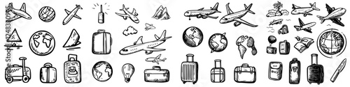 Travel themed doodles depicting various modes of transport and world landmarks showcasing a passion for exploration and adventure