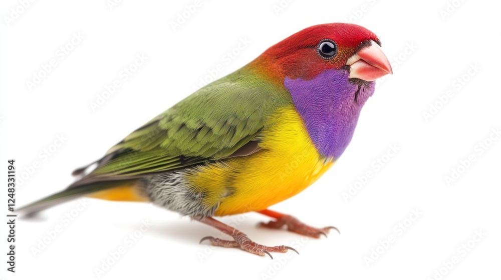 Fototapeta premium A close-up of a pretty Gouldian Finch from Australia, perched gracefully, isolated on a pure white background