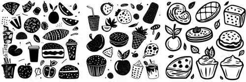 Colorful assortment of food and drinks illustrated in a playful, graphic style highlighting various treats and fruits