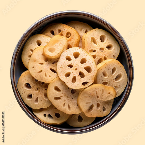 A bowl of lotus root slices isolated on pastle background photo