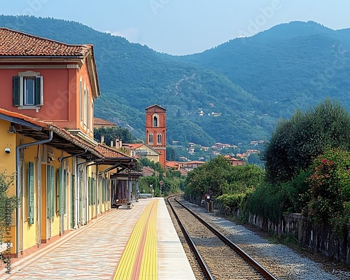 Italian train station platform, mountain backdrop, charming village photo