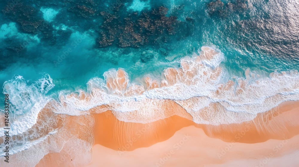 Vibrant ocean waves crashing on sandy beach, turquoise water blending with soft white foam, perfect for relaxation themes. Vibrant ocean waves crashing on sandy beach, turquoise water blending with soft white foam, perfect for relaxation themes.