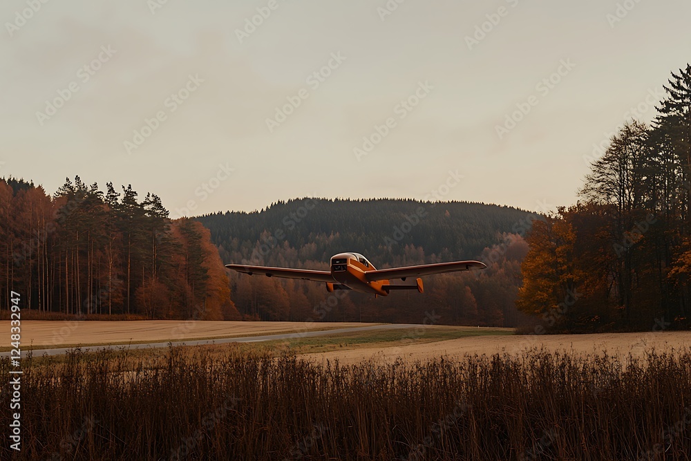 Fototapeta premium Orange Airplane Soaring Above Autumnal Landscape