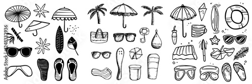 Assorted beach-themed doodles featuring umbrellas, sunglasses, and tropical elements for summer nostalgia