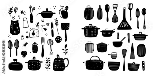 Kitchen utensils and cookware illustrated in a versatile black and white design for culinary enthusiasts and home cooks