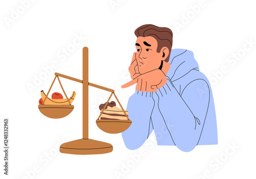 Person on diet thinking about nutrition, chooses between healthy and unhealthy food. Man with cake on one scale, fruit on another decides to lose weight. Flat isolated vector illustration on white