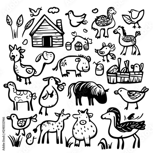 Farm animals and rustic illustrations created in a playful doodle style featuring various creatures and a small barn